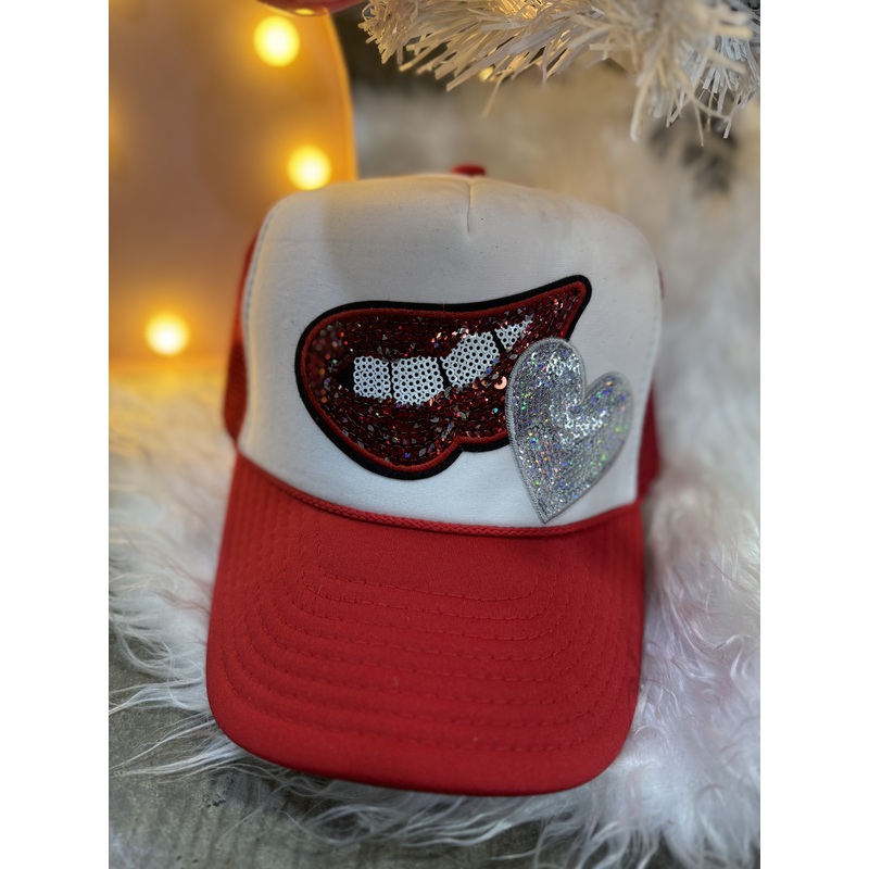Red Sequin Lips & Heart Trucker Cap