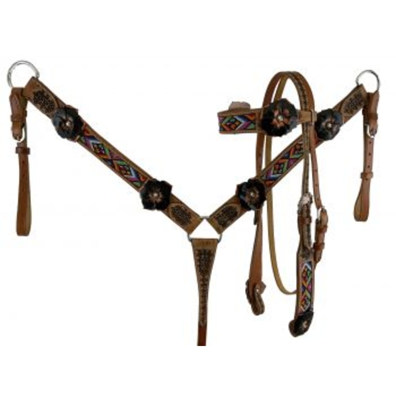 #8013: Showman  Aztec beaded Browband Headstall and Breast collar Set w/ 3D leather painted flower