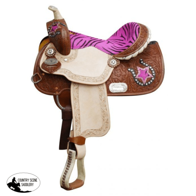 13″ Double T Youth/ Pony Saddle with Hair On Zebra Print Seat and Horse Shoe and Star Accents.
