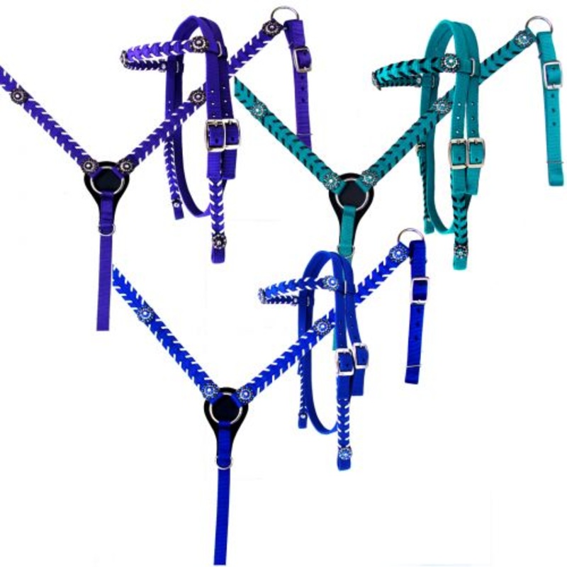 #13861: Showman  Nylon headstall and breast collar set with stitched trim and crystal rhinestone c