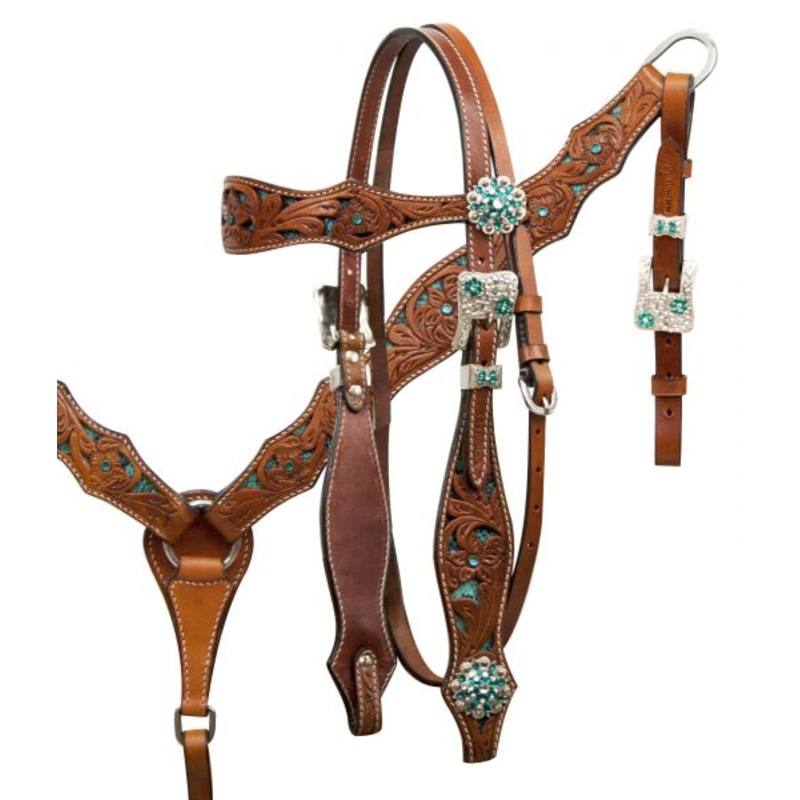 #1631: Showman Teal snake headstall and breast collar set with crystal rhinestones