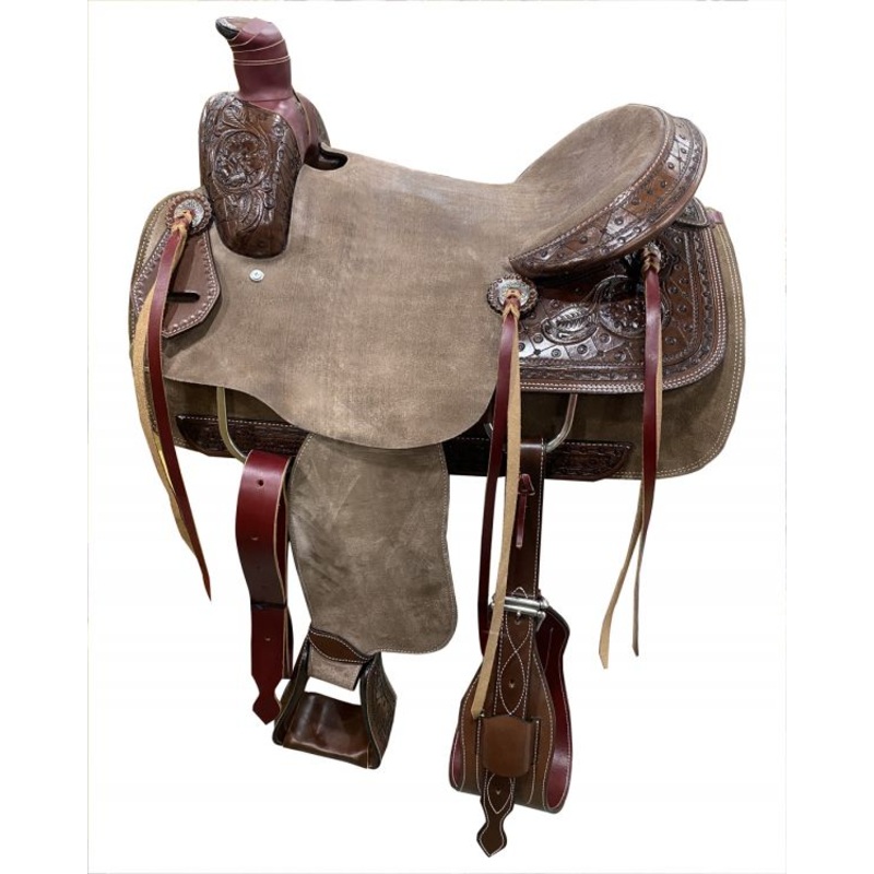 *ONE OF KIND*- 16″ Dark Oil Roping Saddle w/ Chocolate Rough Out Fenders & Jockeys-ROPING WARRANTY-FREE SHIPPING