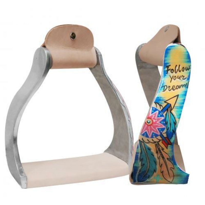 #176343: Showman Lightweight twisted angled aluminum stirrups with painted ” Follow your dreams “