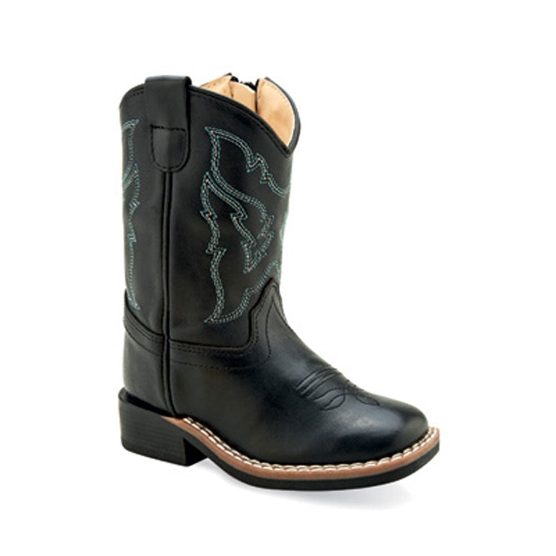 BSI1896 Old West Toddler Black Square Toe Leather Cowboy Boots with Zipper