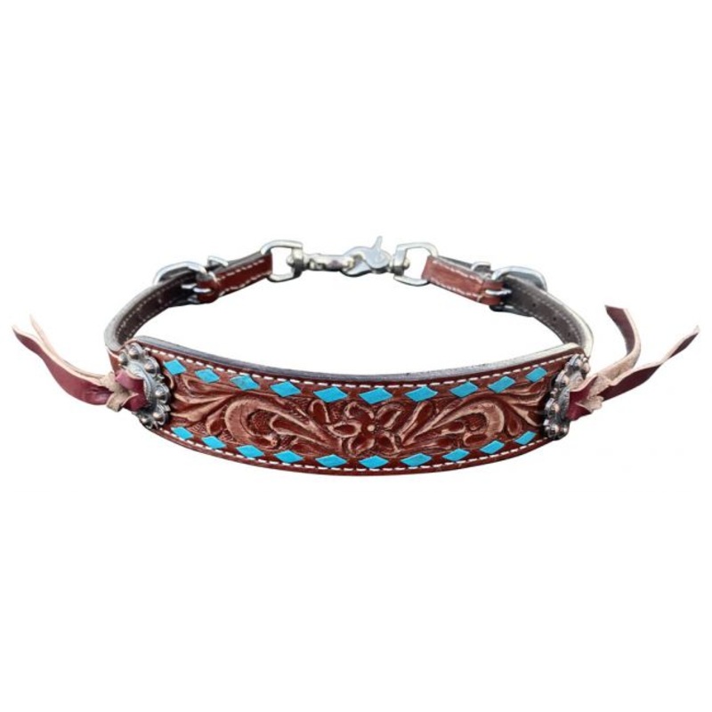 Showman  Distressed Medium leather wither strap with teal rawhide lacing