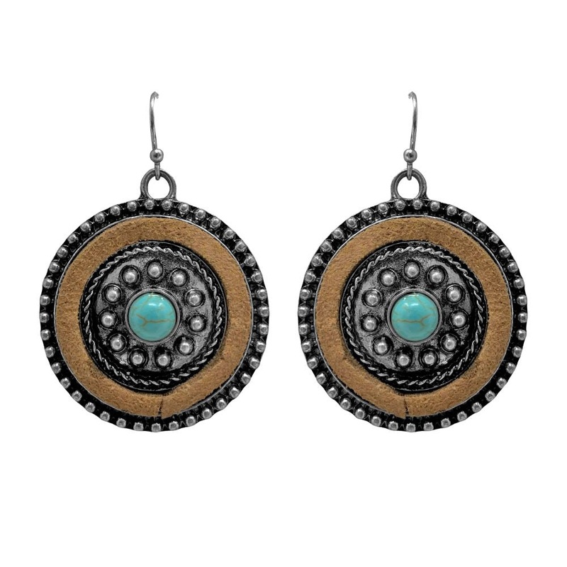 Western Concho Style Earrings With Turquoise Stone and Brown Suede