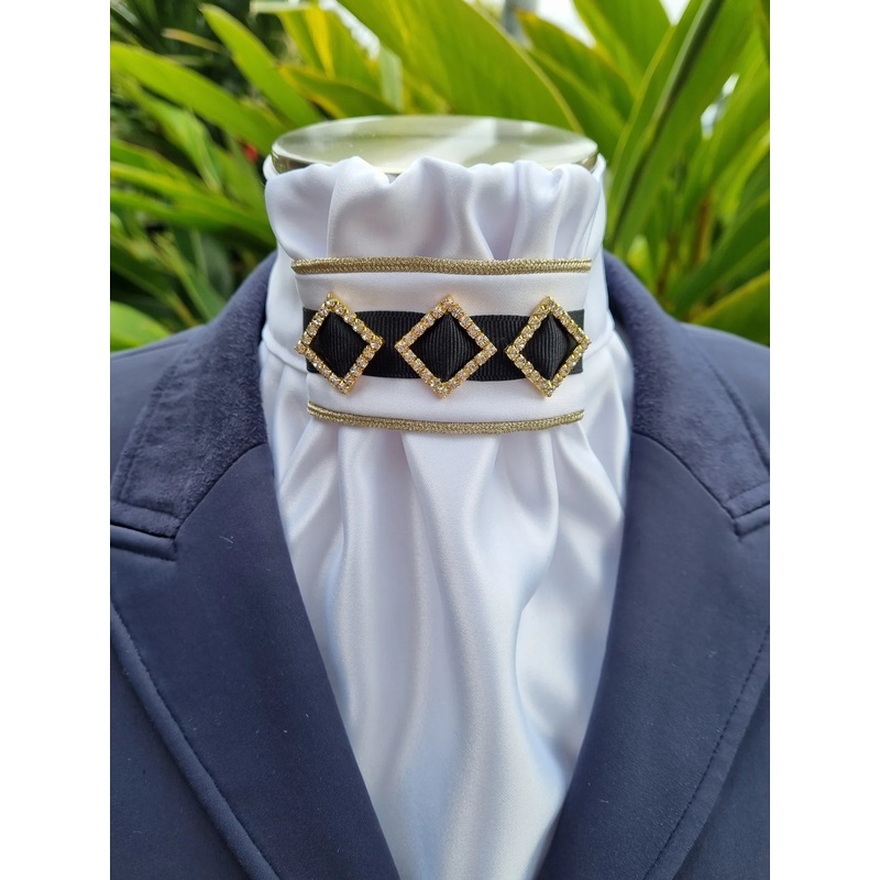Cadenza Stock Tie ~ White Euro style with navy ribbon and gold accents