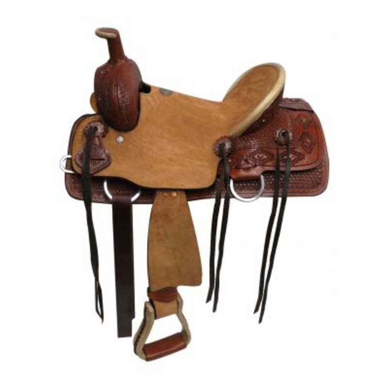 #1582913: 13″ Double TYouth hard seat roper style saddle with basket weave and Navajo diamond tool