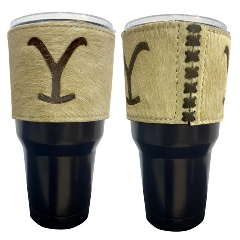 30 oz Insulated Black Tumbler with Removable Argentina Cow Leather Cowhide ‘Y’ Brand Sleeve-FREE SHIPPING