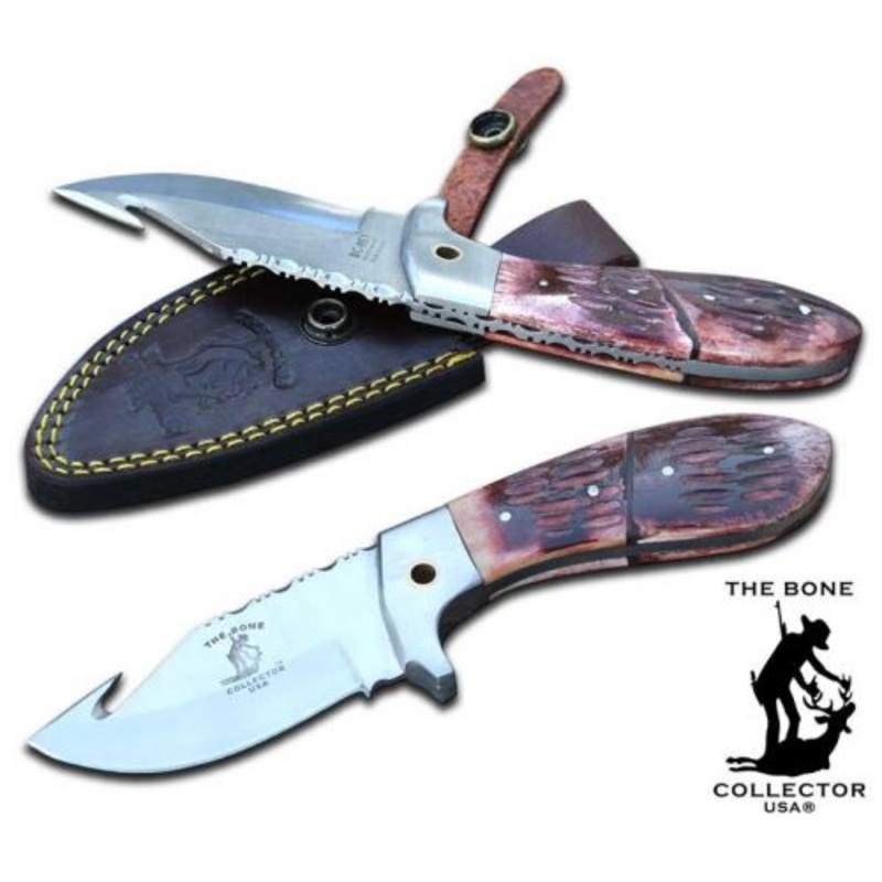 #BC851: The Bone Collector8″ gut hook blade with real bone handle and leather sheath