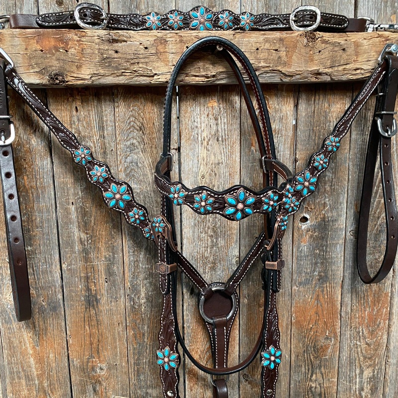 Dark Floral Turquoise Browband/One Ear Tack Set with Wither Strap  #BBBC465