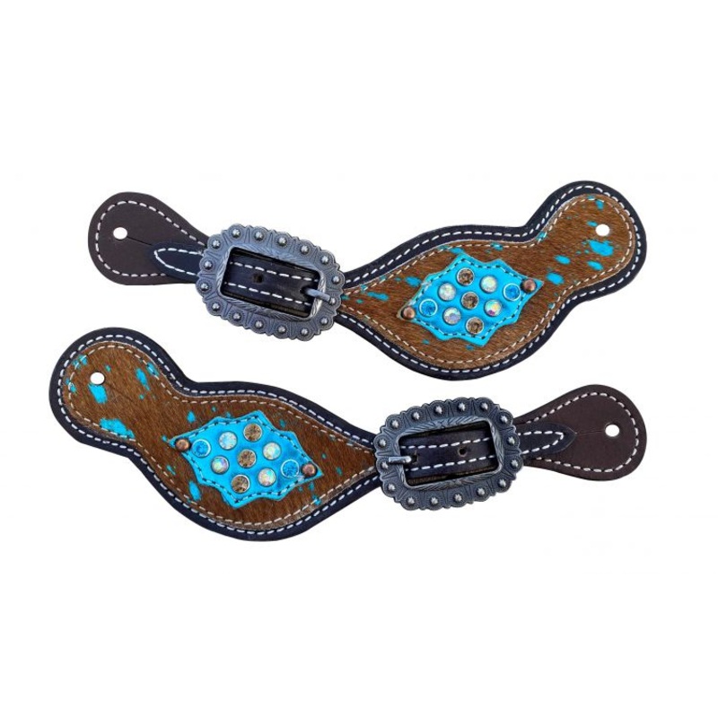 Showman Ladies Cowhide spur straps with teal acid wash and accent teal leather patch