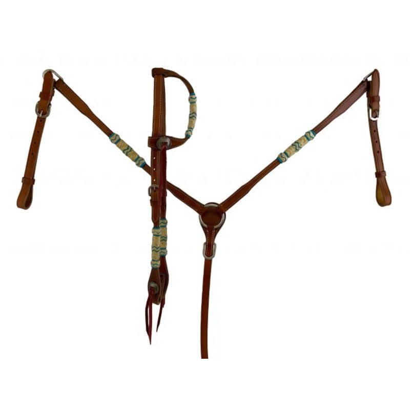 #7085: Showman  One Ear Rawhide Bridle & Breast collar set, this medium oil set features
