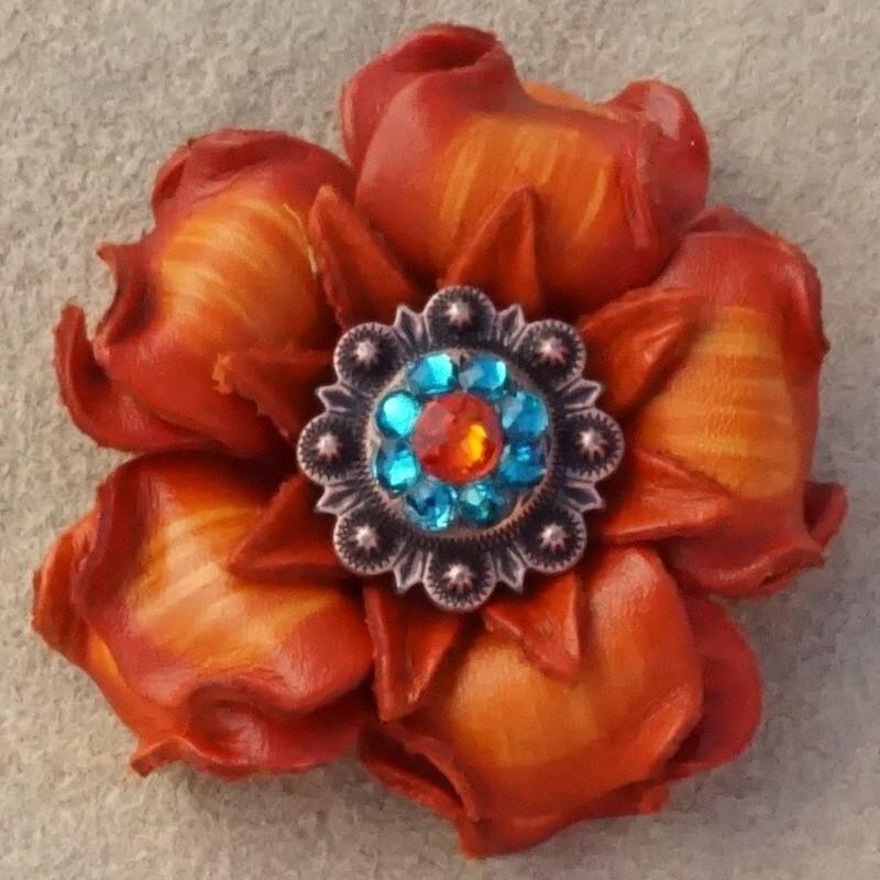 Orange Gardenia Flower With Copper Fire Opal & Teal 1″ Concho