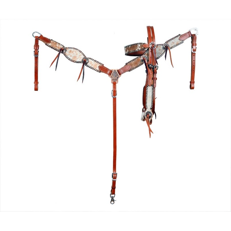 Showman Medium Oil Cowhide inlay browband headstall and breast collar set with black rawhide lacing