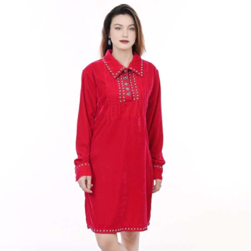 American Darling ADDR007 100% Cotton Denim Women Shirt Jacket Dress Ladies Girl Top Red