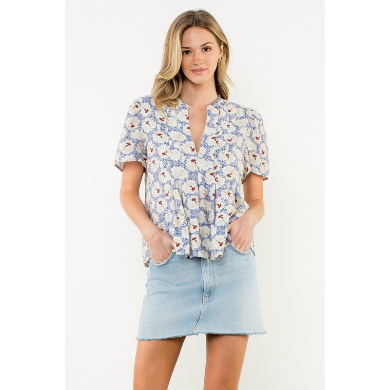 V-neck Pleated Floral Print Top