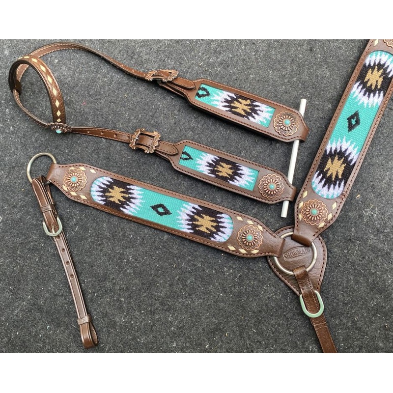 Showman Browband Headstall & Breast collar set with wool southwest blanket inlay and white buckstitch accents