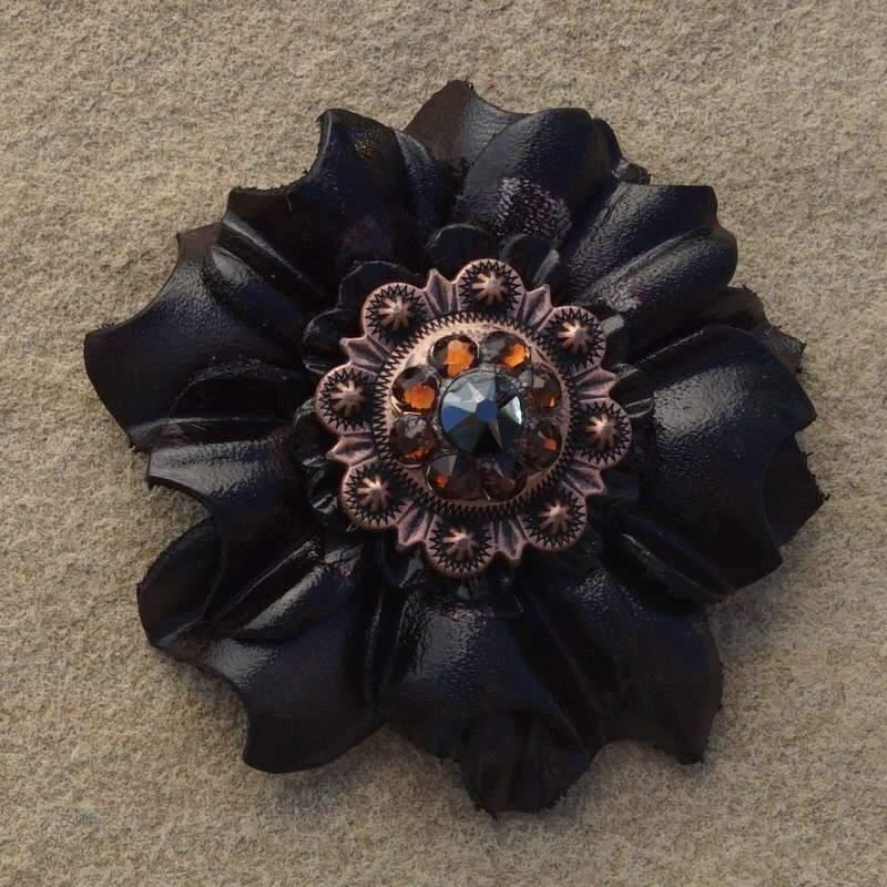 Black Carnation Flower With Copper Jet & Topaz 1″ Concho