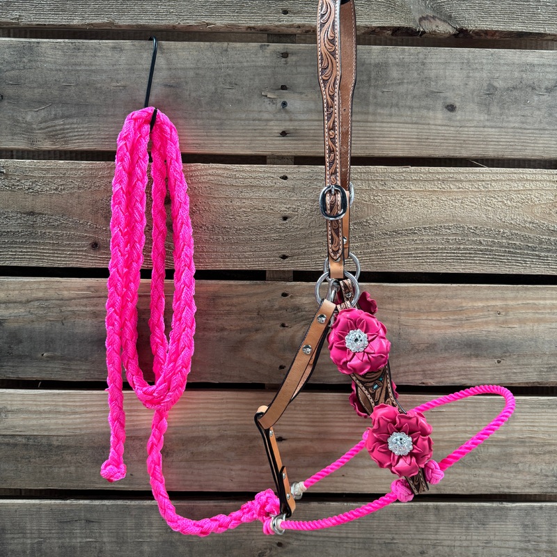 Floral Tooled Lariat & Leather Combo Halter #LH102NW