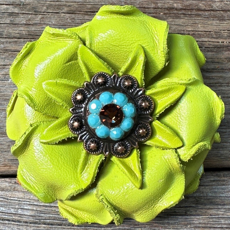 Neon Lime Gardenia Flower With Copper Topaz & Turquoise 1″ Concho