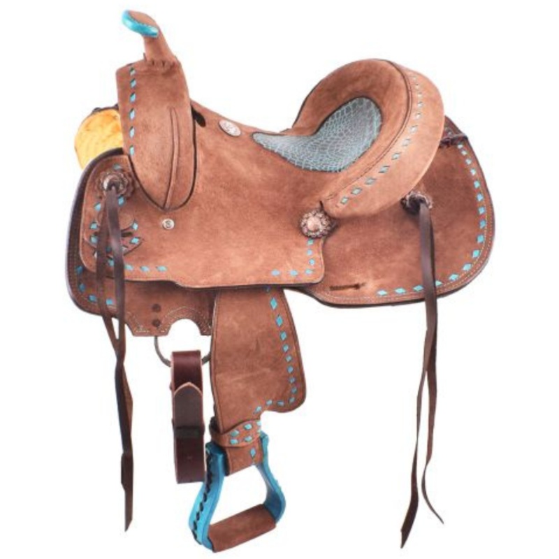 12″, 13″ DOUBLE T  ROUGHOUT BARREL SADDLE WITH TURQUOISE SEAT