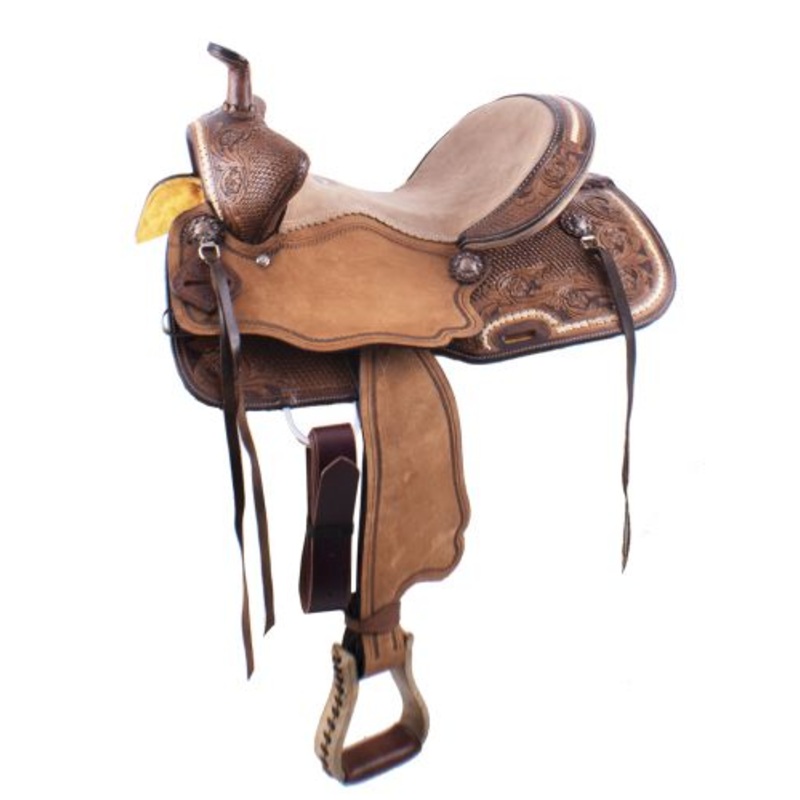 #1584815: 15″ Double T Basket Weave and Floral Tooled Barrel Saddle