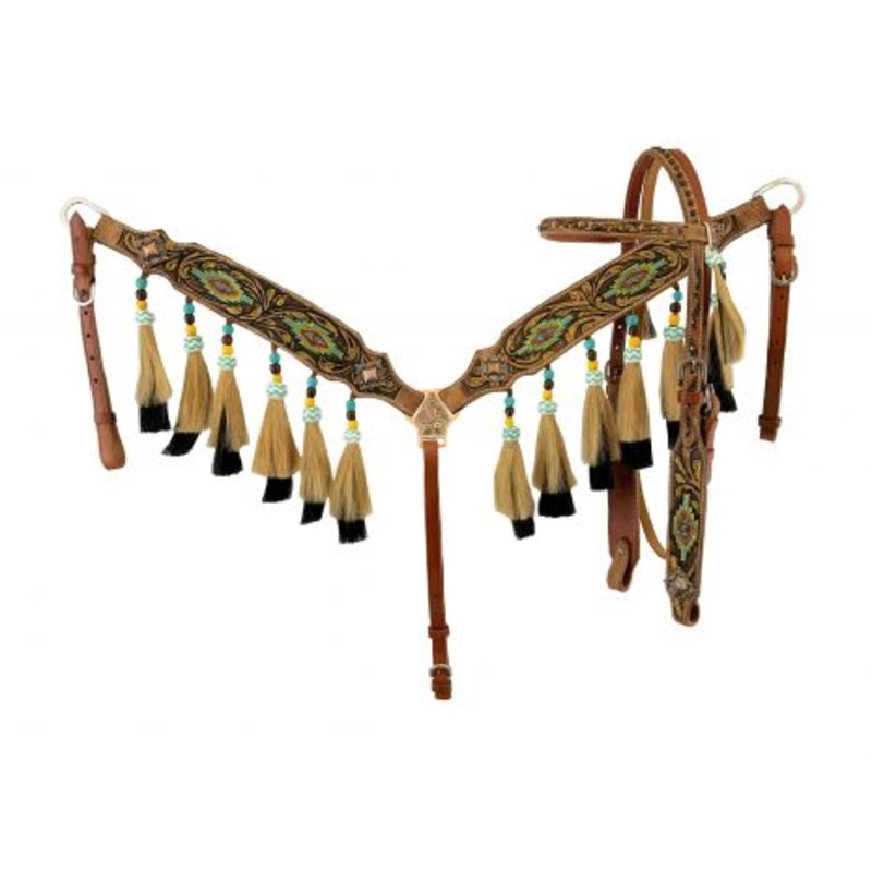 #8030: Showman Medium Oil Browband Headstall and Breast collar set with Painted SW Design and Hors