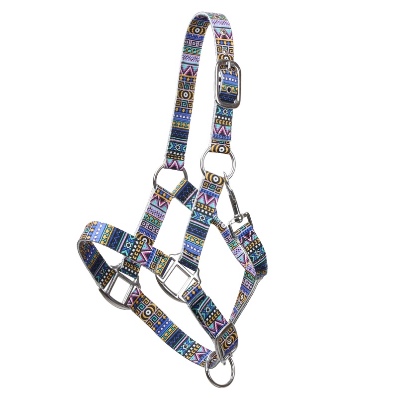 Premium nylon adjustable pony halter – Blue Aztec print