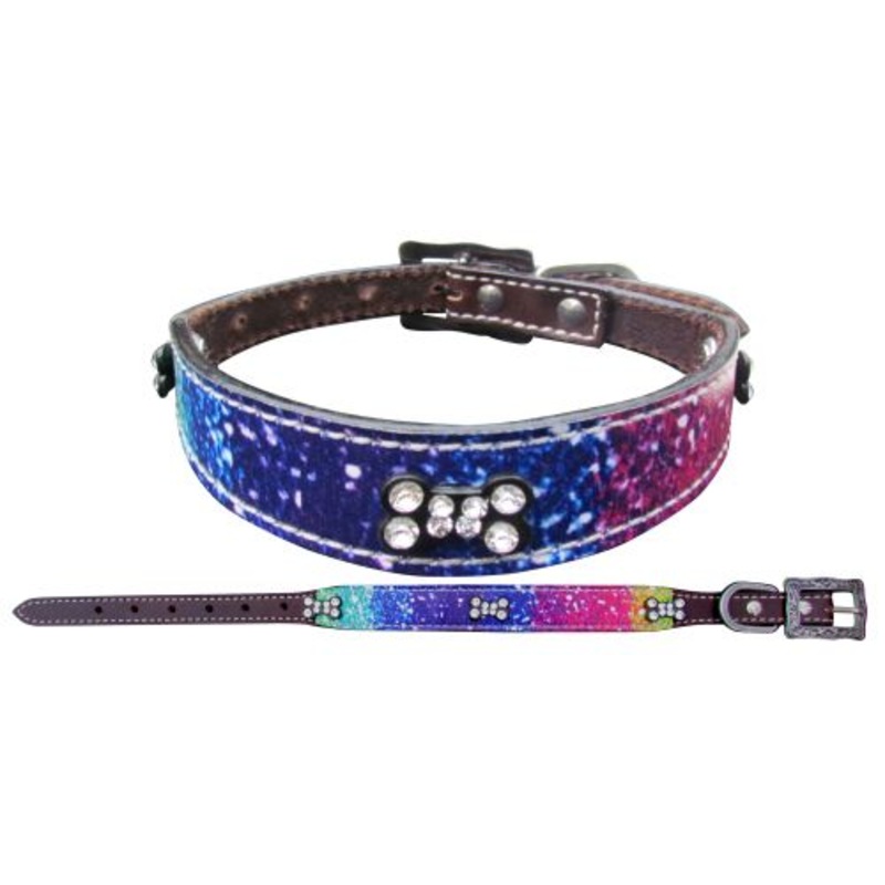 #27452: Showman CoutureGenuine leather dog collar with a distressed rainbow print overlay