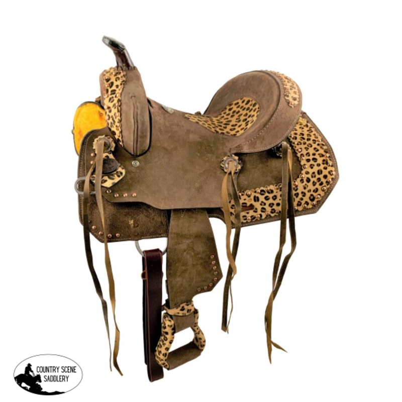 10″ Double T  Youth Hard Seat Barrel style saddle with Cheetah Seat.