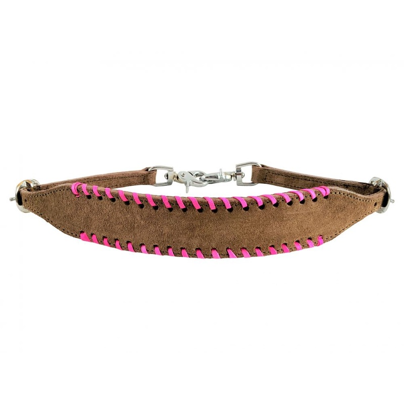 Showman  Rough Out Chocolate wither strap with pink rawhide lacing