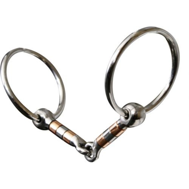 #255642: Showman stainless steel snaffle with 5″ mouth with copper and stainless rollers