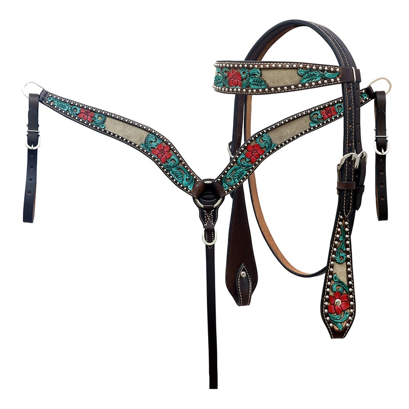 Hilason Horse Floral Hand Carved American Leather Breast Collar Headstall Brown