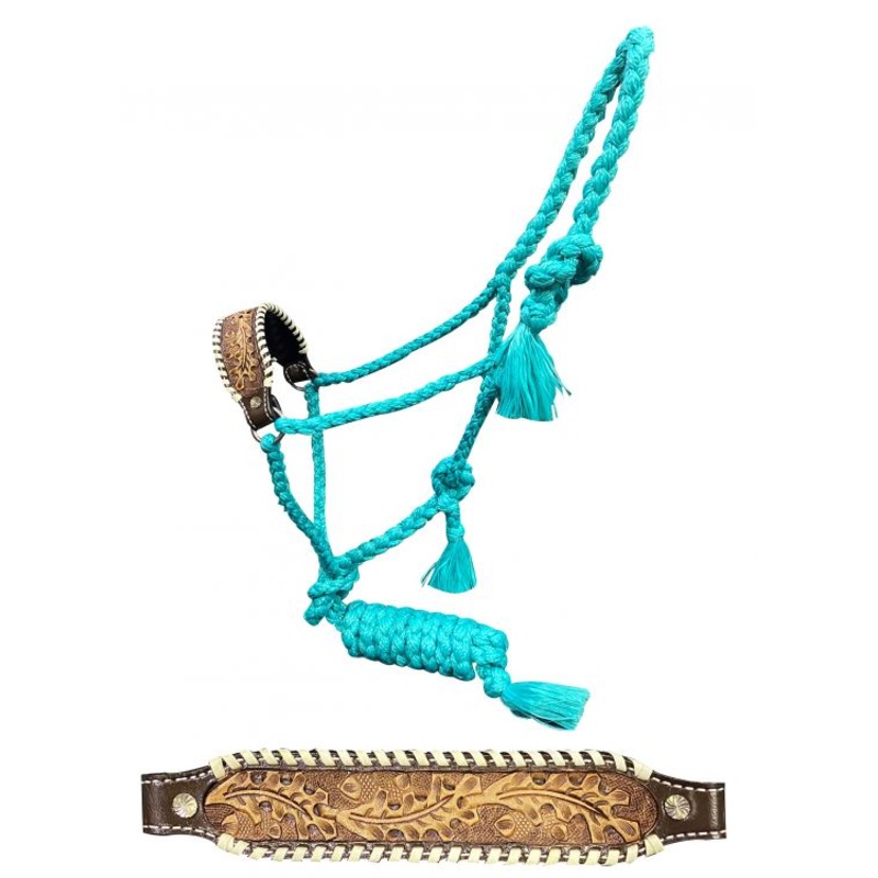 Showman Woven teal nylon mule tape halter with tooled leather noseband