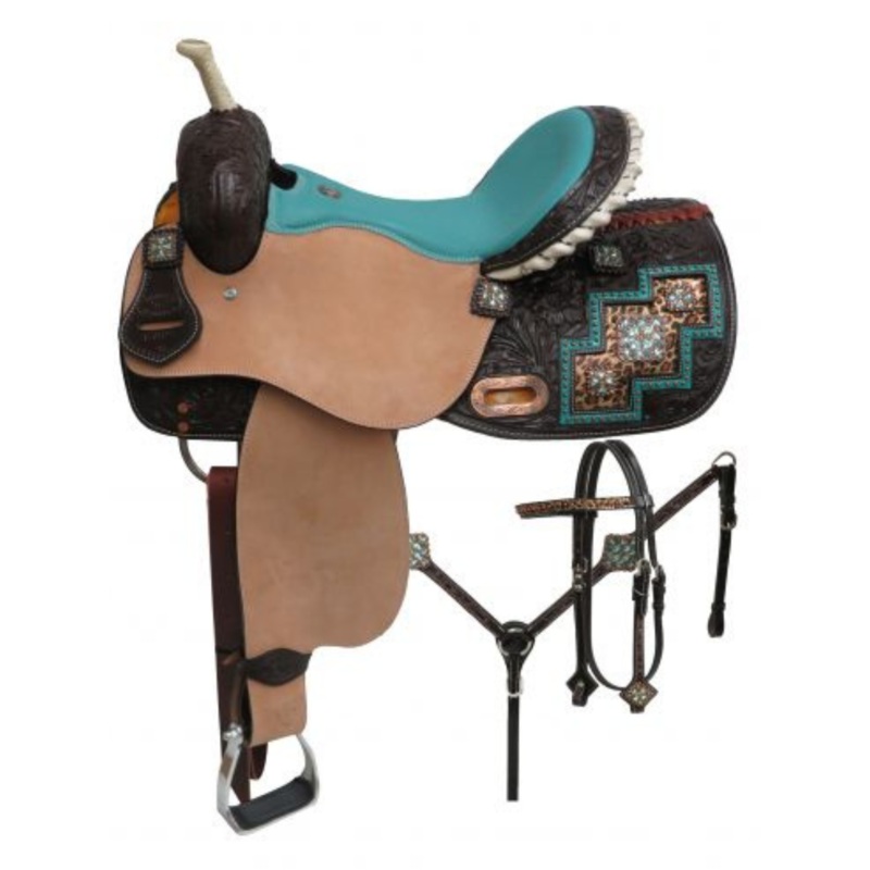 14″, 15″, 16″ DOUBLE T BEJEWELED METALLIC LEOPARD PRINT BARREL STYLE SADDLE SET