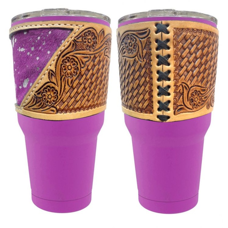 30 oz Insulated Pink Tumbler with Removable Argentina Cow Leather Tooled Sleeve with Dyed Cowhide Inlay-FREE SHIPPING