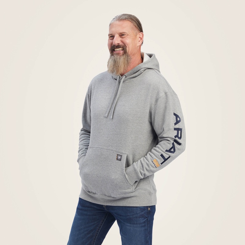 Ariat Men’s Rebar Graphic Hoodie – Heather Grey/Deep Ultramarine