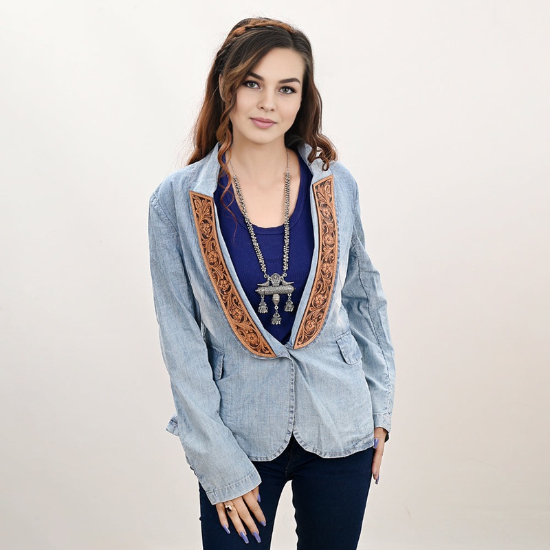 ADBZ039 Genuine leather Hand tooled hand carved Women 100% cotton Denim Blazer dress jacket ladies Girl