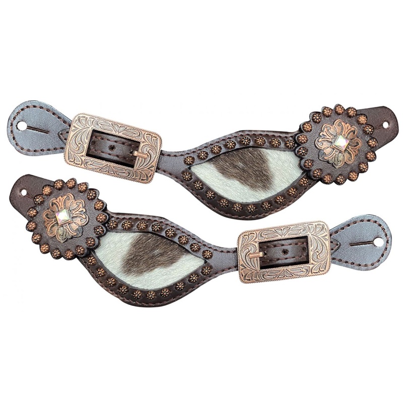 Showman Ladies Leather spur strap with hair on cowhide and copper buckles