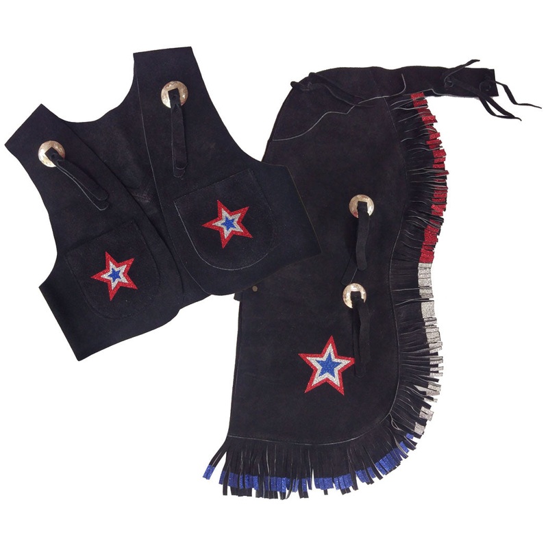 #26119: Showman Black kid’s size suede leather chap and vest outfit with fringe and glitter stars