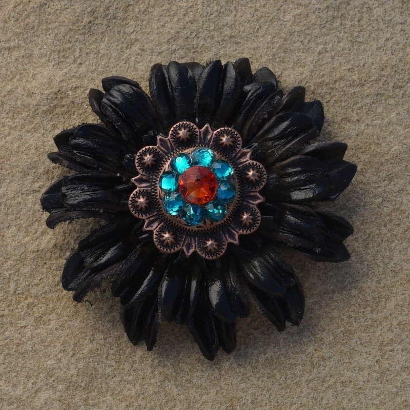 Black Daisy Flower With Copper Fire Opal and Teal 1″ Concho