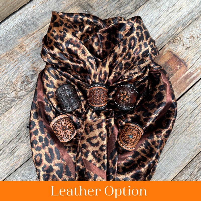 35X35″ Brown Leopard Wild Rag / Scarf WR169 – Tooled Leather Wild Rag Slides – Assorted