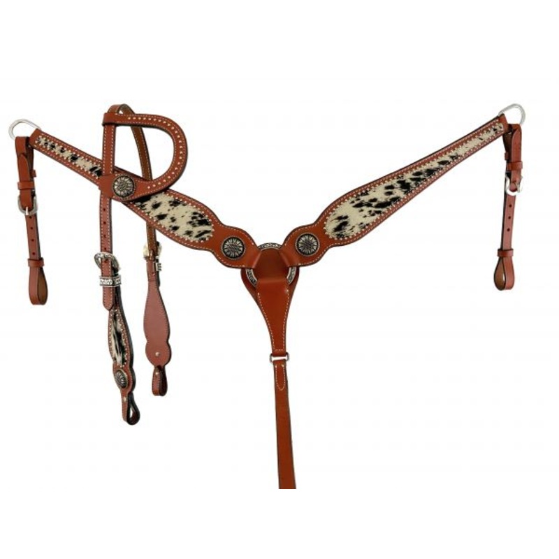 Showman  Black and White hair on cowhide Single Ear Headstall and Breast Collar Set