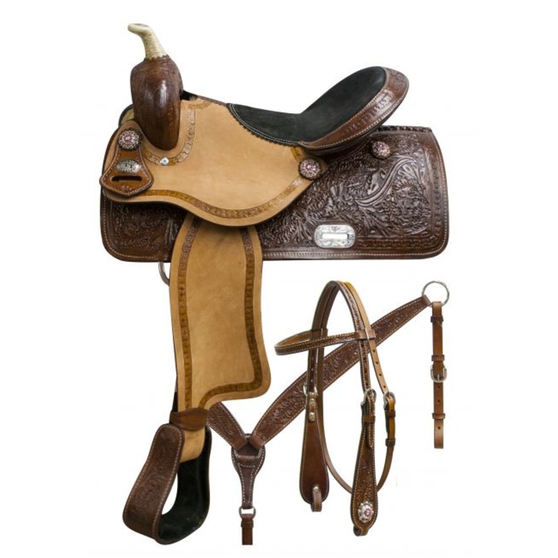 #7657: 15″, 16″ Double T barrel saddle set with oak leaf tooling and pink crystal rhinestone concho