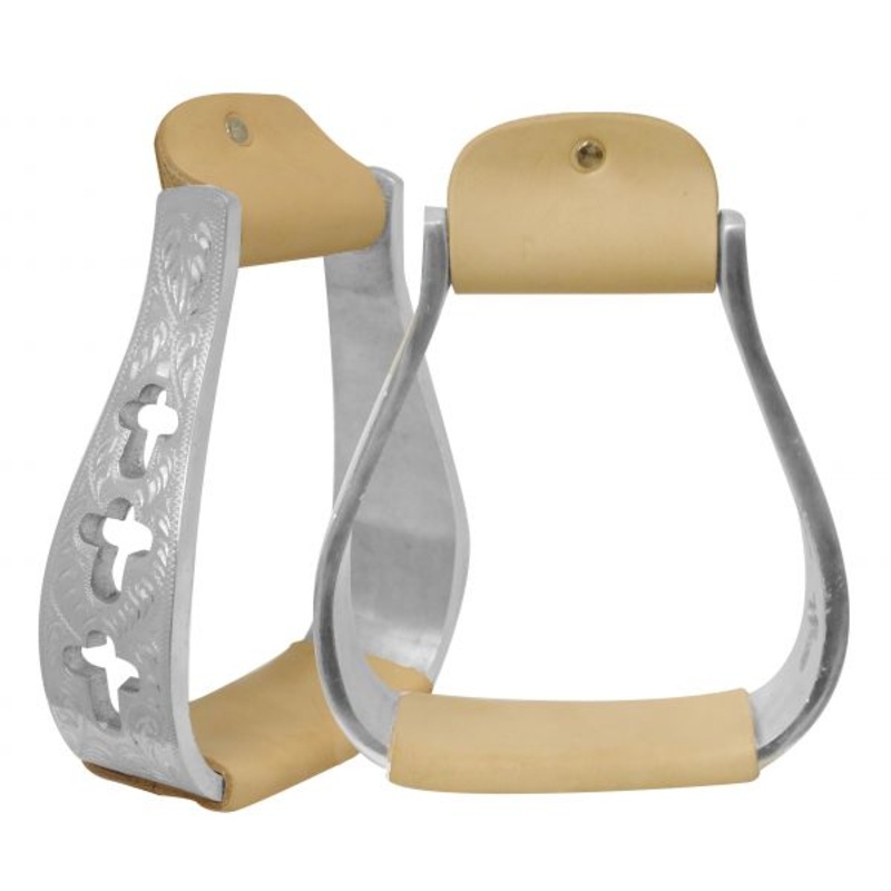 #175749: Showman  Light weight engraved polished aluminum stirrups with cut out cross design