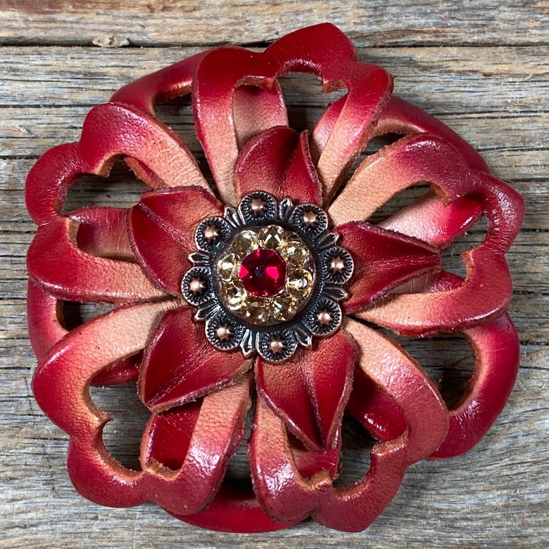 Red Lotus Flower With Copper Ruby, Champagne 1″ Concho