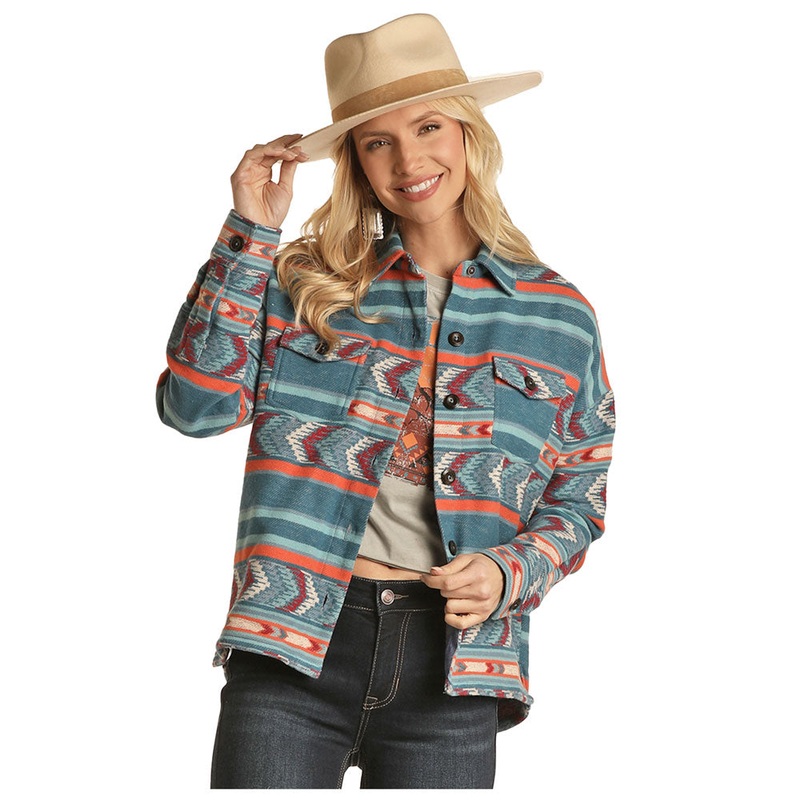 RRWO92R0CJ Rock & Roll Denim Women’s Shacket Shirt Jacket – Blue Coral Burgundy Print