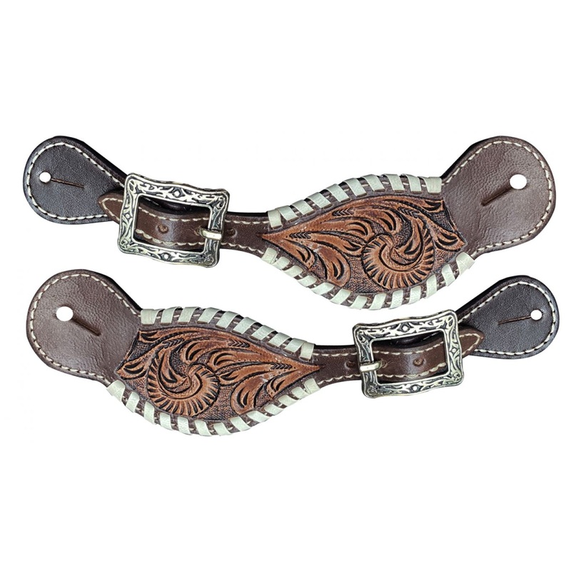 Showman Ladies Leather spur strap with tooled leather and rawhide whip stitch edges