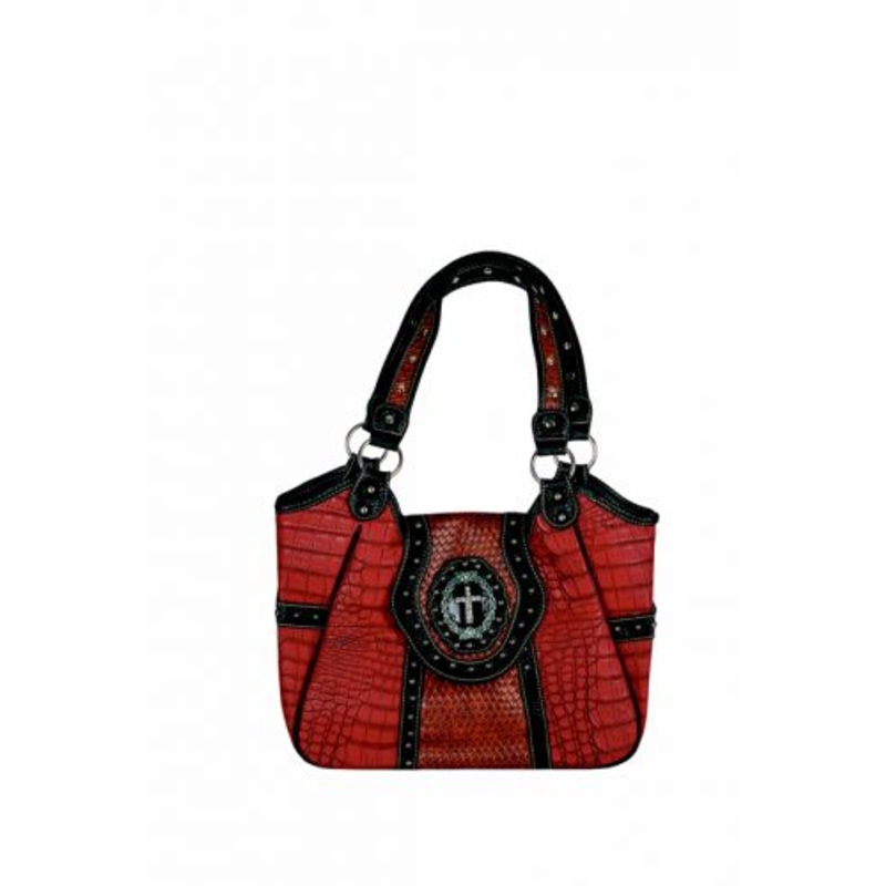 #BA2600-B: Red PU leather handbag with basket weave inlay